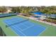 Well-maintained community tennis court with vibrant blue surface, surrounded by lush landscaping and a picnic area at 11742 Forest Park Cir, Bradenton, FL 34211