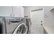 Efficient laundry room features modern Electrolux washer and dryer with built in cabinets for storage at 129 Wayforest Dr, Venice, FL 34292