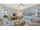 Living room with comfortable furniture and a sliding glass door leading to the screened-in pool at 129 Wayforest Dr, Venice, FL 34292