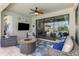 This is a spacious lanai with comfortable seating and scenic views of the pool and lake at 18032 Polo Trl, Bradenton, FL 34211