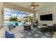 This is an inviting lanai with cozy seating, a fire pit, and scenic lake and pool views at 18032 Polo Trl, Bradenton, FL 34211