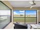 Enjoy scenic views of the golf course from this screened-in lanai with comfortable seating and a ceiling fan at 5694 Palmer Cir # 204, Lakewood Ranch, FL 34211