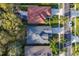 Aerial view of a neighborhood showcasing well-maintained homes, sidewalks, and mature palm trees lining the streets at 7135 Royal George Ct, Wesley Chapel, FL 33545