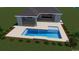 A raised aerial view of a patio and modern pool with clear blue water, surrounded by trimmed green bushes at 7213 Whittlebury Trl, Lakewood Ranch, FL 34202