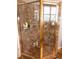 Shower stall featuring marble-like tile and gold frame with shower products on built-in shelving at 1354 Tearose Pl, Sarasota, FL 34239