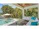 Outdoor living on covered lanai with comfortable seating overlooking pool and lush foliage at 6136 Hollywood Blvd, Sarasota, FL 34231