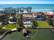 Aerial view showcases a waterfront property with a private pool and dock at 1216 N Casey Key Rd, Osprey, FL 34229