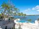 Gorgeous pool and hot tub with bay views and nearby dock, surrounded by lush landscaping at 1216 N Casey Key Rd, Osprey, FL 34229