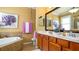 Bright bathroom boasts double vanity sinks, large mirror, soaking tub, and stylish decor elements at 20186 Benissimo Dr, Venice, FL 34293