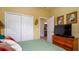 Bedroom featuring a double closet, a wooden dresser with a TV, and bright wall paint at 20186 Benissimo Dr, Venice, FL 34293