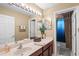 Bathroom features a sink with vanity, large mirror and decorative plants on counter at 6156 41St E St, Bradenton, FL 34203