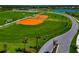 Aerial shot of baseball and soccer fields surrounded by lush green grass, palm trees, and residential areas at 8262 Velda Trl, Sarasota, FL 34241