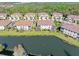 Aerial view of townhouses overlooking a serene pond with lush landscaping and trees at 8323 Enclave Way # 104, Sarasota, FL 34243