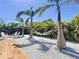 Tropical backyard oasis with a hammock between palm trees, white gravel, and Adirondack chairs at 2308 Tulip St, Sarasota, FL 34239