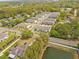 Beautiful aerial view of the neighborhood with well-maintained townhomes surrounded by lush greenery and a pond at 2718 Chestnut Creek Pl, Brandon, FL 33510