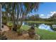 Backyard featuring a tranquil lake view with mature trees, tropical plants, and manicured lawn at 5227 Lansdowne Way, Palmetto, FL 34221