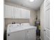 Convenient laundry room features a washer, dryer, water heater, and ample storage cabinets above at 5450 Bentgrass Dr # 5-301, Sarasota, FL 34235