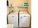 Efficient laundry room with modern washer and dryer, complete with storage shelves for detergent and cleaning supplies at 6924 Tuxedo St, Englewood, FL 34224
