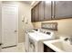 Convenient laundry room with washer, dryer, utility sink, overhead cabinets, and exterior access door at 1022 Overlook Ct, Bradenton, FL 34208