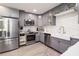 Modern kitchen featuring stainless steel appliances, subway tile backsplash, and grey cabinets at 4524 106Th W St, Bradenton, FL 34210