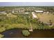 An aerial view features a community dock in a picturesque natural setting with lush greenery and a winding waterway at 5234 Aqua Breeze Dr, Bradenton, FL 34208