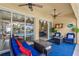 Covered patio with ceiling fans and comfortable seating overlooking the pool at 13320 Coluccio St, Venice, FL 34293