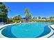 Community swimming pool featuring lounge chairs and sunshades with lush, tropical landscaping at 425 30Th W Ave # C201, Bradenton, FL 34205