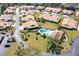 Community aerial view showcasing well-maintained homes and landscaping around a large community pool at 7183 Wood Creek Dr # 9, Sarasota, FL 34231