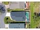 An aerial view of a home featuring a screened-in pool, well-maintained landscaping, and a private backyard at 7767 Pine Trace Dr, Sarasota, FL 34243