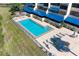 Aerial shot of a sparkling community pool surrounded by lounge chairs and lush landscaping at 835 S Osprey Ave # 101, Sarasota, FL 34236