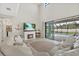 Spacious living room with high ceilings, fireplace, and expansive sliding doors, seamlessly connecting to the outdoor pool area at 16455 Whale Grey Pl, Bradenton, FL 34211