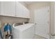 Clean laundry room equipped with modern washer and dryer units, white cabinets, and a door at 21037 Anclote Ct, Venice, FL 34293