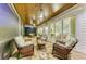 Inviting screened patio featuring comfortable seating and a wood ceiling, perfect for outdoor living at 516 Kumquat Dr, Anna Maria, FL 34216