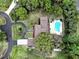 Aerial view of a home showcasing a large pool, extensive yard space, and mature trees providing privacy at 730 Rellim Ln, Sarasota, FL 34232