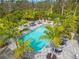 Aerial view of a large pool surrounded by lush tropical landscaping and lounge chairs at 12959 Seasong Ter, Bradenton, FL 34211