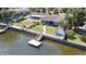 Aerial view of a charming blue waterfront home and private dock at 14914 Old Dixie Hwy, Hudson, FL 34667