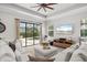 Comfortable living room with a ceiling fan, pool views, and sliding glass doors at 15508 Leven Links Pl, Lakewood Ranch, FL 34202