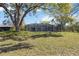 View of the screened lanai and large, grassy backyard, shaded by a mature tree at 4965 Marsh Field Rd, Sarasota, FL 34235