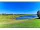 Scenic view of a tranquil pond surrounded by lush green grass under a clear blue sky at 5817 Brandon Run, Bradenton, FL 34211
