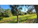 Serene backyard with lush greenery, a small stream, and a charming house in the background, enhanced by blue skies at 7151 Wood Creek Dr # 205, Sarasota, FL 34231