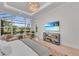 Bedroom featuring views of the pool and golf course, TV, and comfortable seating create a relaxing space at 8847 Colonels Ct, Sarasota, FL 34240