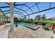 Screened pool and spa overlooking manicured golf course with beautiful, expansive travertine deck at 8847 Colonels Ct, Sarasota, FL 34240