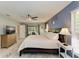 Cozy bedroom with ensuite patio, ceiling fan, bedside lamps, and comfortable king-size bed at 1127 133Rd E St, Bradenton, FL 34212