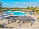 Aerial view of a free-form pool featuring fountains and lounge areas with palm trees and pergolas at 15430 Blackmoor Ter, Lakewood Ranch, FL 34202