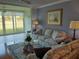 Bright living room featuring sliding glass doors with golf course views and comfortable seating and decor at 3790 Pinebrook Cir # 103, Bradenton, FL 34209