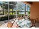 This screened lanai offers picturesque views of the peaceful lake at 4015 Bridlecrest Ln, Bradenton, FL 34209