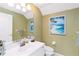 Half bathroom featuring a vanity with a white sink, a toilet, decorative art, and olive green walls at 6905 Arbor Oaks Ct, Bradenton, FL 34209