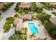 Overhead view of the community pool and spa featuring ample lounge seating and shade trees at 14817 Secret Harbor Pl, Lakewood Ranch, FL 34202