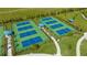 Aerial view of community pickleball courts with blue playing surfaces, green borders, and covered seating areas at 2309 Blue Mahoe Ln, Sarasota, FL 34240