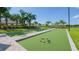 Outdoor bocce ball court featuring artificial turf, palm trees, and beautiful landscaping, perfect for social gatherings at 11522 Trivio Ter, Palmetto, FL 34221
